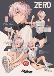 Rule 34 | 1boy, androgynous, artist name, bad id, bad twitter id, bent over, black shorts, bottle, character name, collar, drinking, eyepatch, grey eyes, heterochromia, highres, male focus, mouth hold, multiple views, open mouth, original, pink eyes, pink hair, shirt, shoes, shorts, sitting, sneakers, socks, standing, stretching, two-tone background, water bottle, white footwear, white shirt, yooroongoo
