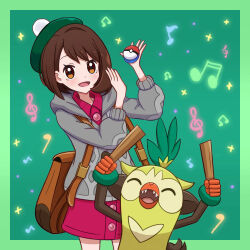 Rule 34 | 1girl, :d, backpack, bag, bob cut, border, brown bag, brown eyes, brown hair, buttons, cable knit, cardigan, collared dress, commentary request, creatures (company), dress, game freak, gen 8 pokemon, gloria (pokemon), green background, green border, green headwear, grey cardigan, hat, hooded cardigan, musical note, nintendo, open mouth, pink dress, pokemon, pokemon (creature), pokemon swsh, short hair, smile, tam o&#039; shanter, thwackey, yuu (jgvj7873)