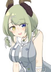 Rule 34 | 1girl, absurdres, blue eyes, blush, bow, breasts, brown horns, chain, commentary request, curled horns, demon girl, demon horns, dress, green hair, grey dress, hair bow, hair ornament, hairclip, heterochromia, highres, horns, large breasts, looking at viewer, low twintails, medium bangs, medium hair, nanashi inc., neckerchief, nukokaki, open mouth, sailor collar, sailor dress, sekishiro mico, short twintails, simple background, smile, solo, twintails, upper body, virtual youtuber, white background, white bow, white neckerchief, white sailor collar, x hair ornament, yellow eyes