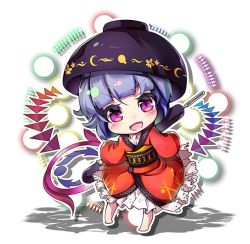 Rule 34 | 1girl, :d, artist request, barefoot, blush, bowl, bowl hat, chibi, commentary request, danmaku, full body, hat, japanese clothes, kimono, light purple hair, looking at viewer, magenta eyes, needle, obi, open mouth, red kimono, sash, shadow, smile, solo, standing, sukuna shinmyoumaru, touhou, white background
