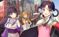 Rule 34 | 3girls, :d, absurdres, ace attorney, alternate costume, apron, athena cykes, black hair, blue eyes, blue sky, blurry, blurry background, blush, cape, city, closed eyes, day, earrings, enmaided, facepaint, facial mark, forehead mark, green eyes, hair rings, hand up, highres, japanese clothes, jewelry, long hair, magatama, maid, maid apron, maid headdress, maya fey, multiple girls, open mouth, orange hair, outdoors, phoenix wright: ace attorney - spirit of justice, rayfa padma khura&#039;in, side ponytail, sky, smile, standing, v, yuhuan