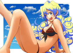 Rule 34 | + +, 00s, 1girl, arm support, bikini, blue hair, blush, cloud, cross-shaped pupils, day, frilled bikini, frills, front-tie top, happy, jewelry, long hair, multicolored hair, murata isshin, nia teppelin, open mouth, revision, sitting, smile, solo, swimsuit, symbol-shaped pupils, tengen toppa gurren lagann, two-tone hair