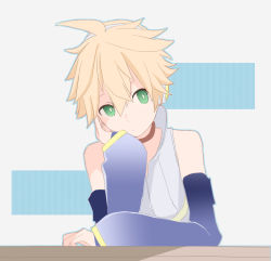 Rule 34 | 1boy, arm support, bare shoulders, black sleeves, blonde hair, commentary, d futagosaikyou, detached sleeves, expressionless, green eyes, head rest, headphones, high collar, kagamine len, kagamine len (append), shirt, sideways glance, sitting, sleeveless, sleeveless shirt, solo, spiked hair, upper body, vocaloid, vocaloid append, white shirt
