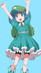 Rule 34 | 1girl, arms up, backpack, bag, bike shorts, blue background, blue eyes, blue hair, blunt bangs, blush, blush stickers, boots, buttons, cowboy shot, crop top, dress shirt, frilled skirt, frills, hair bobbles, hair ornament, hat, highres, kawashiro nitori, key, looking at viewer, matching hair/eyes, open mouth, petticoat, puffy short sleeves, puffy sleeves, rubber boots, shirt, short sleeves, shorts, shorts under skirt, simple background, skirt, skirt set, smile, solo, touhou, two side up, vippest, white shirt