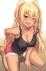 Rule 34 | 1girl, absurdres, bare shoulders, blonde hair, blush, breasts, cleavage, collarbone, dark-skinned female, dark skin, dumbbell nan kilo moteru?, fang, green eyes, hand on own ass, highres, large breasts, long hair, looking at viewer, lun7732, one eye closed, open mouth, red shorts, sakura hibiki, shiny skin, shorts, sitting, smile, solo, steaming body, sweat, tan, tank top, twintails, wariza