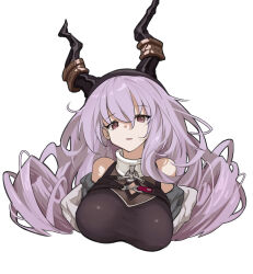 Rule 34 | 1girl, absurdres, arknights, bare shoulders, black shirt, boki-jg, breasts, curly hair, hair between eyes, highres, horns, large breasts, looking at viewer, parted lips, purple eyes, purple hair, shirt, simple background, sleeveless, sleeveless shirt, solo, typhon (arknights), upper body, white background