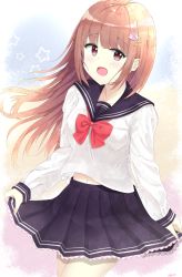 Rule 34 | 1girl, 7 calpis 7, :d, black sailor collar, black skirt, blush, bow, breasts, brown eyes, brown hair, collarbone, commentary request, fingernails, hair ornament, hairclip, highres, long hair, long sleeves, looking at viewer, navel, open mouth, original, pleated skirt, red bow, sailor collar, school uniform, serafuku, shirt, skirt, skirt hold, sleeves past wrists, small breasts, smile, solo, star (symbol), very long hair, white shirt