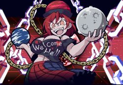 Rule 34 | 1girl, bare shoulders, black shirt, breasts, chain, clothes writing, hat, hecatia lapislazuli, helltaker, looking at viewer, multicolored clothes, off-shoulder shirt, off shoulder, open mouth, red eyes, red hair, shirt, skirt, solo, t-shirt, touhou, warugaki (sk-ii)