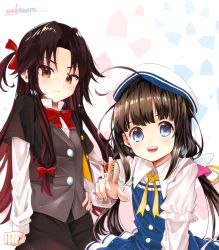 Rule 34 | 10s, 2girls, :d, akai tanuki, bad id, bad pixiv id, beret, between fingers, black jacket, black skirt, blue dress, blue eyes, board game, bow, brown eyes, brown hair, brown vest, closed mouth, collared shirt, commentary request, dress, fingernails, gradient hair, hair bow, hair ribbon, hat, highres, hinatsuru ai, holding, jacket, layered sleeves, long hair, long sleeves, multicolored hair, multiple girls, nail polish, open mouth, outstretched arm, pink nails, pleated skirt, puffy short sleeves, puffy sleeves, red bow, red hair, red ribbon, ribbon, ryuuou no oshigoto!, school uniform, shirt, shogi, short over long sleeves, short sleeves, skirt, smile, teeth, upper teeth only, v-shaped eyebrows, very long hair, vest, white hat, white shirt, yashajin ai