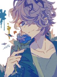 Rule 34 | 1boy, :3, auko, blue flower, blue rose, blurry, depth of field, eyelashes, flower, garry (ib), green shirt, hair over eyes, highres, holding, holding flower, ib (kouri), jacket, long bangs, multicolored hair, purple eyes, purple hair, rose, shirt, short hair, signature, solo, torn clothes, torn jacket, white background