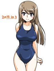 Rule 34 | 1girl, arm behind back, blue one-piece swimsuit, blunt ends, blush, breasts, brown eyes, brown hair, closed mouth, commentary request, covered navel, cowboy shot, dated, girls und panzer, large breasts, light blush, long hair, looking at viewer, mika (girls und panzer), no headwear, one-piece swimsuit, oosaka kanagawa, school swimsuit, smile, solo, standing, swept bangs, swimsuit, thigh gap, wet