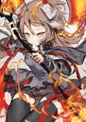 Rule 34 | 1girl, absurdres, arknights, black thighhighs, brown eyes, brown hair, chuhaibane, closed mouth, eyjafjalla (arknights), fire, grey background, highres, holding, holding staff, horns, long hair, long sleeves, looking at viewer, simple background, solo, staff, thighhighs
