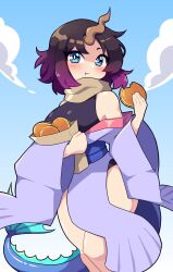 Rule 34 | 1girl, absurdres, bag, bare shoulders, black hair, black shirt, blue eyes, blue sky, breasts, brown bag, brown scarf, cloud, cloudy sky, commentary, daigada, dragon girl, dragon horns, dragon tail, elma (maidragon), english commentary, food, gradient hair, highres, holding, holding bag, holding food, horns, japanese clothes, kimono, kobayashi-san chi no maidragon, large breasts, large tail, light blush, looking at viewer, multicolored hair, open clothes, open kimono, pancake, pout, purple hair, purple kimono, scarf, shirt, short hair, single horn, sky, sleeveless, sleeveless shirt, solo, tail, thighs