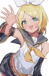 Rule 34 | 1girl, arm tattoo, arm up, belt, black sailor collar, black shorts, blonde hair, blush, bow, detached sleeves, green eyes, hair bow, hairpin, highres, kagamine rin, looking at viewer, multiple hairpins, neckerchief, open mouth, pocche-ex, sailor collar, short hair, shorts, sketch, tattoo, upper body, vocaloid, waving, white background, yellow neckerchief