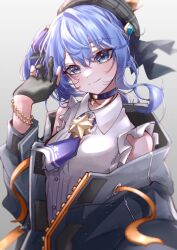 Rule 34 | 1girl, blue eyes, blue hair, bracelet, choker, closed mouth, collared shirt, gloves, hat, hololive, hoshimachi suisei, jacket, jewelry, long hair, long sleeves, looking at viewer, mirai99, necklace, open clothes, open jacket, partially fingerless gloves, shirt, simple background, smile, solo, virtual youtuber, white shirt