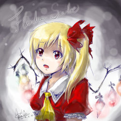 Rule 34 | 1girl, artist name, ascot, blonde hair, bow, character name, dated, female focus, flandre scarlet, gradient background, hair bow, kaze (cherry830525), looking away, no headwear, open mouth, puffy short sleeves, puffy sleeves, red eyes, short hair, short sleeves, side ponytail, solo, touhou, upper body, vest, wings