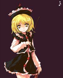Rule 34 | 1girl, alphes (style), blonde hair, bow (music), female focus, hat, ideolo, instrument, lunasa prismriver, parody, short hair, skirt, solo, style parody, touhou, violin, yellow eyes