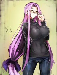 Rule 34 | 1girl, adjusting eyewear, breasts, character name, denim, fate/hollow ataraxia, fate (series), glasses, hair ribbon, highres, impossible clothes, impossible sweater, jeans, large breasts, long hair, looking at viewer, low-tied long hair, medusa (fate), medusa (rider) (fate), official alternate costume, pants, purple hair, ribbon, rimless eyewear, smile, solo, sweater, taishi (picchiridou), turtleneck, very long hair, yellow eyes