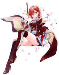 Rule 34 | 1girl, black skirt, blush, boots, bow, bowtie, breasts, cape, commentary request, hair ornament, high heel boots, high heels, highres, holding, holding sword, holding weapon, invisible chair, kisaragi yuri, leg up, long sleeves, looking at viewer, medium breasts, miniskirt, original, red cape, red eyes, red footwear, red hair, red shirt, shirt, short hair, sitting, skirt, solo, swept bangs, sword, thigh boots, thighhighs, thighs, weapon, white bow, white bowtie