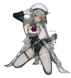 Rule 34 | 1girl, belt, capelet, chromatic aberration, closed mouth, collared shirt, commentary, gloves, grey hair, hand up, highres, kneeling, long hair, long sleeves, mole, mole under mouth, original, parted lips, shirt, signature, simple background, solo, thighhighs, waist cape, watori re, white background, white capelet, white footwear, white gloves, white headwear, white shirt, white thighhighs, yellow eyes