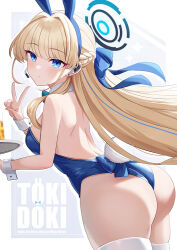 Rule 34 | 1girl, animal ears, ass, backless leotard, bare shoulders, blonde hair, blue archive, blue bow, blue eyes, blue hairband, blue leotard, bow, bowtie, braid, breasts, detached collar, earpiece, earrings, fake animal ears, hairband, halo, highleg, highleg leotard, holding, holding tray, jewelry, leotard, long hair, looking at viewer, medium breasts, official alternate costume, official alternate hairstyle, parted lips, playboy bunny, rabbit ears, rabbit tail, sakura ran, solo, stud earrings, tail, thighhighs, thighs, toki (blue archive), toki (bunny) (blue archive), tray, very long hair, white thighhighs, wrist cuffs
