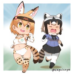 Rule 34 | &gt;:o, 10s, 2girls, :o, animal ears, blonde hair, blush, bow, bowtie, buruma, capriccyo, chibi, commentary request, common raccoon (kemono friends), elbow gloves, closed eyes, fang, gloves, grey hair, gym uniform, headband, highres, kemono friends, looking back, multicolored hair, multiple girls, navel, pantyhose, pleated skirt, raccoon ears, raccoon tail, running, serval (kemono friends), serval print, serval tail, skirt, standing, standing on one leg, stomach, tail, thighhighs, twitter username, v-shaped eyebrows, white legwear, yellow eyes