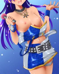 Rule 34 | 1girl, arm strap, bare shoulders, belt, blue hair, breasts, choker, dr rex, female focus, flat chest, gradient background, head out of frame, idolmaster, idolmaster (classic), jewelry, kisaragi chihaya, long hair, microphone, navel, necklace, nipples, no bra, open mouth, skirt, solo, thigh strap, wardrobe malfunction, wristband