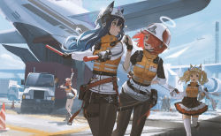 Rule 34 | 1boy, 2others, 4girls, absurdres, ahoge, aircraft, airplane, animal ear fluff, animal ears, arknights, belt, bison (arknights), black gloves, black hair, black legwear, black shorts, blonde hair, commentary request, croissant (arknights), exusiai (arknights), gloves, hair between eyes, halo, helmet, highres, jacket, long hair, looking at another, motor vehicle, mouth hold, multiple girls, multiple others, orange vest, outdoors, pantyhose, pouch, red hair, semi truck, short hair, short shorts, short sleeves, shorts, sora (arknights), texas (arknights), truck, ttk (kirinottk), twintails, vest, white headwear, white jacket, wolf ears, yellow eyes