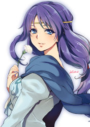 Rule 34 | 1girl, 2015, blue eyes, blue hair, blush, dated, elena (fire emblem), fire emblem, fire emblem: path of radiance, highres, long hair, looking at viewer, looking back, matching hair/eyes, md5 mismatch, nintendo, purple hair, scarf, simple background, smile, solo, yajiro masaru