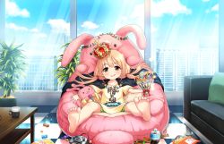 Rule 34 | 10s, 1girl, artist request, barefoot, bean bag chair, bike shorts, blonde hair, blush, bottle, bow, bowl, building, candy, candy cane, cape, checkered floor, chips (food), city, clothes writing, cloud, controller, couch, crown, cup, cupping glass, day, feet, food, foreshortening, futaba anzu, game console, game controller, gamepad, gem, glint, handheld game console, holding, holding bowl, idolmaster, idolmaster cinderella girls, idolmaster cinderella girls starlight stage, indoors, lollipop, long hair, looking at viewer, no pants, official art, plant, potted plant, print shirt, shirt, shorts, sitting, sky, skyscraper, smile, smirk, snack, soda bottle, soles, solo, star (symbol), star print, stuffed animal, stuffed rabbit, stuffed toy, sunlight, swirl lollipop, t-shirt, table, toes, toy, twintails, window, yellow shirt