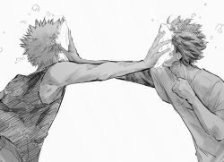 Rule 34 | 10s, 2boys, bakugou katsuki, boku no hero academia, commentary request, covered face, food, food on face, from side, greyscale, highres, honwaka zz, in the face, layered sleeves, long sleeves, messy hair, midoriya izuku, monochrome, multiple boys, pie, pie in face, plate, short over long sleeves, short sleeves, simple background, spiked hair, white background