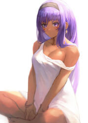 Rule 34 | 1girl, alternate costume, barefoot, dark-skinned female, dark skin, fate/grand order, fate (series), feet out of frame, highres, long hair, looking at viewer, nitocris (fate), otsukemono, purple eyes, purple hair, shirt, simple background, sitting, solo, white background, white shirt