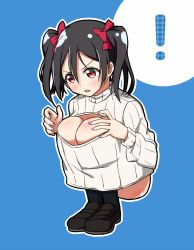 Rule 34 | !, &gt;:o, 10s, 1girl, :o, black hair, blue background, breast conscious, cleavage cutout, clothing cutout, female focus, knees, loafers, long hair, love live!, love live! school idol project, meme attire, nail polish, no pants, open-chest sweater, red eyes, ribbed sweater, shoes, skull573, solo, sukaru573, sweater, turtleneck, twintails, uniform, v-shaped eyebrows, yazawa nico