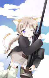 Rule 34 | 1girl, ahoge, animal ears, blush, braid, brown hair, cat ears, cat tail, cha (mika), cloud, gun, highres, hug, long hair, lynette bishop, one eye closed, open mouth, purple eyes, rifle, single braid, sky, sniper rifle, solo, strike witches, striker unit, sweater, tail, weapon, wink, world witches series
