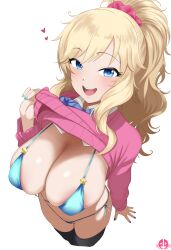 Rule 34 | 1girl, absurdres, aqua bikini, areola slip, bikini, black thighhighs, blonde hair, blue bow, blue bowtie, blue eyes, blush, bow, bowtie, breasts, cleavage, clothes lift, cropped legs, fingernails, hair ornament, hair scrunchie, heart, highres, huge breasts, idolmaster, idolmaster cinderella girls, large breasts, lifted by self, long hair, long sleeves, looking at viewer, mrhunking, nail polish, ohtsuki yui, pink sweater, ponytail, scrunchie, side-tie bikini bottom, sidelocks, simple background, skindentation, smile, solo, sweater, sweater lift, swimsuit, thighhighs, very long hair, white background
