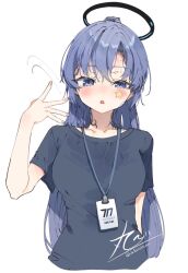 Rule 34 | 1girl, arm behind back, black shirt, blue archive, blush, breasts, chibirisu, collarbone, commentary, cropped torso, fanning self, halo, highres, lanyard, long hair, looking at viewer, medium breasts, official alternate costume, purple eyes, purple hair, shirt, signature, simple background, solo, star sticker, sticker on face, sweat, twitter username, upper body, very long hair, white background, yuuka (blue archive), yuuka (track) (blue archive)