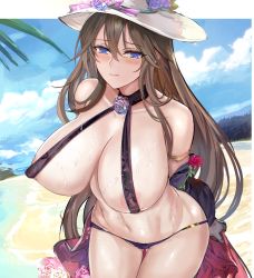 Rule 34 | 1girl, armlet, arms behind back, bare shoulders, bikini, blue eyes, blush, breasts, brown hair, cleavage, closed mouth, collarbone, covered erect nipples, flower, granblue fantasy, hair between eyes, halterneck, hat, hip focus, large breasts, leaning forward, long hair, looking at viewer, misaka 12003-gou, navel, purple bikini, rose, rosetta (granblue fantasy), smile, solo, sun hat, swimsuit, very long hair, white hat