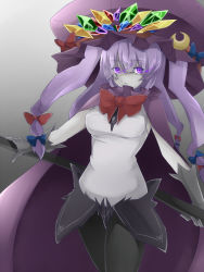 Rule 34 | 1girl, :&lt;, abyssal ship, amai nekuta, cape, cosplay, crescent, crescent hair ornament, gloves, glowing, glowing eyes, hair ornament, hair ribbon, hat, highres, kantai collection, looking at viewer, moon, pale skin, patchouli knowledge, personification, purple eyes, purple hair, ribbon, solo, touhou, wo-class aircraft carrier, wo-class aircraft carrier (cosplay)