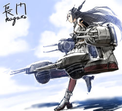 Rule 34 | 10s, 1girl, ankle boots, benitama, black hair, blush, boots, breasts, elbow gloves, gloves, hair ornament, hairband, headgear, kantai collection, long hair, nagato (kancolle), personification, skirt, solo, thighhighs