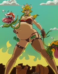 Rule 34 | 1girl, armlet, bare shoulders, belly, black collar, black thighhighs, blonde hair, blue eyes, bowsette, bracelet, breasts, collar, collarbone, crown, earrings, eyelashes, fingerless gloves, fingernails, fire, from below, garter straps, gloves, hair between eyes, half-closed eyes, horns, jewelry, large breasts, legs apart, lips, long fingernails, long hair, looking at viewer, mario (series), nail polish, navel, nintendo, nose, outdoors, piranha plant, red nails, role reversal, solo, spiked armlet, spiked bracelet, spiked collar, spikes, super crown, super mario bros. 1, thighhighs, vore