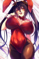 Rule 34 | 1girl, ahoge, animal ears, azur lane, black hair, black pantyhose, blush, bow, bowtie, breasts, covered navel, cowboy shot, fake animal ears, finger to mouth, hair between eyes, huge breasts, leotard, open mouth, pantyhose, playboy bunny, rabbit ears, red bow, red bowtie, red eyes, red leotard, ryo (sora-ryu), solo, taihou (azur lane), tongue, tongue out, twintails, wrist cuffs