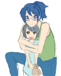 Rule 34 | 10s, 2girls, age difference, alternate hairstyle, bare shoulders, black hair, blue eyes, blue hair, brown eyes, child, glasses, hakamichi shizune, hug, if they mated, katawa shoujo, mother and daughter, multiple girls, aged up, pacifier, ponytail, short ponytail, stuffed animal, stuffed toy, teddy bear, twrlare