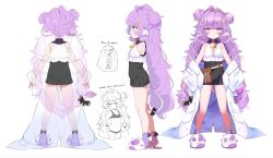 Rule 34 | 1girl, animal ears, arms at sides, bare shoulders, bell, black skirt, blunt bangs, blush, center frills, character sheet, closed mouth, clothes down, coat, commentary request, cow ears, cow girl, cow horns, cowbell, double bun, flask, flat chest, flipped hair, frills, full body, hair bun, high-waist skirt, highres, horns, jitome, lab coat, legs apart, long hair, looking at viewer, messy hair, mole, mole on thigh, mole under mouth, muu muyu, neck bell, official art, open clothes, open coat, phase connect, pink eyes, purple hair, purple socks, round-bottom flask, shirt, simple background, skirt, sleeveless, sleeveless shirt, socks, solo, standing, straight-on, tachi-e, test tube, thick eyebrows, utsusumi kio, very long hair, virtual youtuber, wavy mouth, white background, white coat