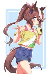 Rule 34 | 1girl, absurdres, animal ears, blouse, blue eyes, blush, brown hair, casual, collarbone, commentary request, cup, drinking, fuusuke (fusuke208), hair ornament, highres, horse ears, horse girl, horse tail, long hair, looking at viewer, off-shoulder shirt, off shoulder, ponytail, shirt, shorts, signature, simple background, smile, striped clothes, striped shirt, tail, tokai teio (umamusume), umamusume, v, yellow shirt