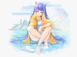 Rule 34 | 1girl, anklet, armpit crease, bare legs, barefoot, blunt bangs, blush, commentary, crossed legs, dress, english commentary, feet, frown, gradient hair, grey background, hand up, highres, hololive, hololive english, in water, jacket, jewelry, knees up, legs, long hair, looking at viewer, multicolored hair, ninomae ina&#039;nis, orange hair, purple eyes, purple hair, shoes, sidelocks, single shoe, sitting, sleeves past fingers, sleeves past wrists, solo, takodachi (ninomae ina&#039;nis), tallgeese (lgeesel), toes, umbrella, unworn shoe, unworn shoes, violet (ninomae ina&#039;nis), virtual youtuber, water, white dress, yellow jacket