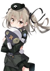 Rule 34 | 1girl, absurdres, beret, black ribbon, blush, boko (girls und panzer), brown eyes, copyright request, eyes visible through hair, floating hair, girls und panzer, green jacket, green skirt, hair between eyes, hair ribbon, hat, highres, holding, holding stuffed toy, jacket, long hair, long sleeves, looking at viewer, mousou (mousou temporary), parted lips, pleated skirt, ribbon, silver hair, simple background, skirt, solo, standing, stuffed animal, stuffed toy, teddy bear, twintails, upper body, white background