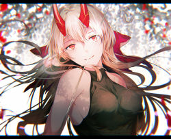 Rule 34 | 1girl, bad id, bad pixiv id, bare shoulders, black shirt, breasts, closed mouth, commentary request, fate/grand order, fate (series), hair between eyes, hair ribbon, headband, horns, leo (feeling goooood), long hair, looking at viewer, medium breasts, oni horns, red eyes, ribbon, shirt, silver hair, sleeveless, sleeveless shirt, smile, solo, tomoe gozen (fate), undershirt, upper body
