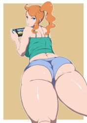 Rule 34 | 1girl, ass, back, bare shoulders, creatures (company), game freak, green eyes, green shirt, highres, huge ass, long hair, looking at viewer, looking back, lying, nail polish, nintendo, nintendo switch, on stomach, orange hair, oryutoo, pokemon, pokemon swsh, ponytail, shirt, short shorts, shorts, solo, sonia (pokemon), thick thighs, thighs