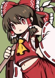 Rule 34 | 1girl, armpit peek, ascot, beeru (veil8801), blush, bow, bright pupils, brown hair, detached sleeves, eyebrows hidden by hair, gohei, green background, hair bow, hair tubes, hakurei reimu, hand on own hip, highres, holding, holding stick, looking at viewer, midriff, navel, red eyes, red skirt, ribbon-trimmed sleeves, ribbon trim, sarashi, simple background, skirt, solo, stick, touhou, triangle mouth, white pupils, wide sleeves