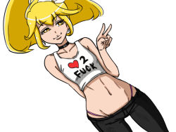 Rule 34 | 10s, 1girl, arm behind back, bad id, bare shoulders, bb (baalbuddy), big hair, black choker, blonde hair, breasts, casual, choker, clothes writing, colorfag, colorized, crop top, cure peace, drawfag, dutch angle, earrings, english text, female pervert, fuck-me shirt, groin, hair flaps, hair ribbon, highleg, highleg panties, inactive account, jewelry, kise yayoi, linea alba, lowleg, lowleg pants, matching hair/eyes, meme attire, midriff, narrow waist, navel, out of character, panties, pants, pervert, pink panties, precure, profanity, ribbon, simple background, small breasts, smile, smile precure!, solo, tank top, underwear, v, white background, wide ponytail, yellow eyes